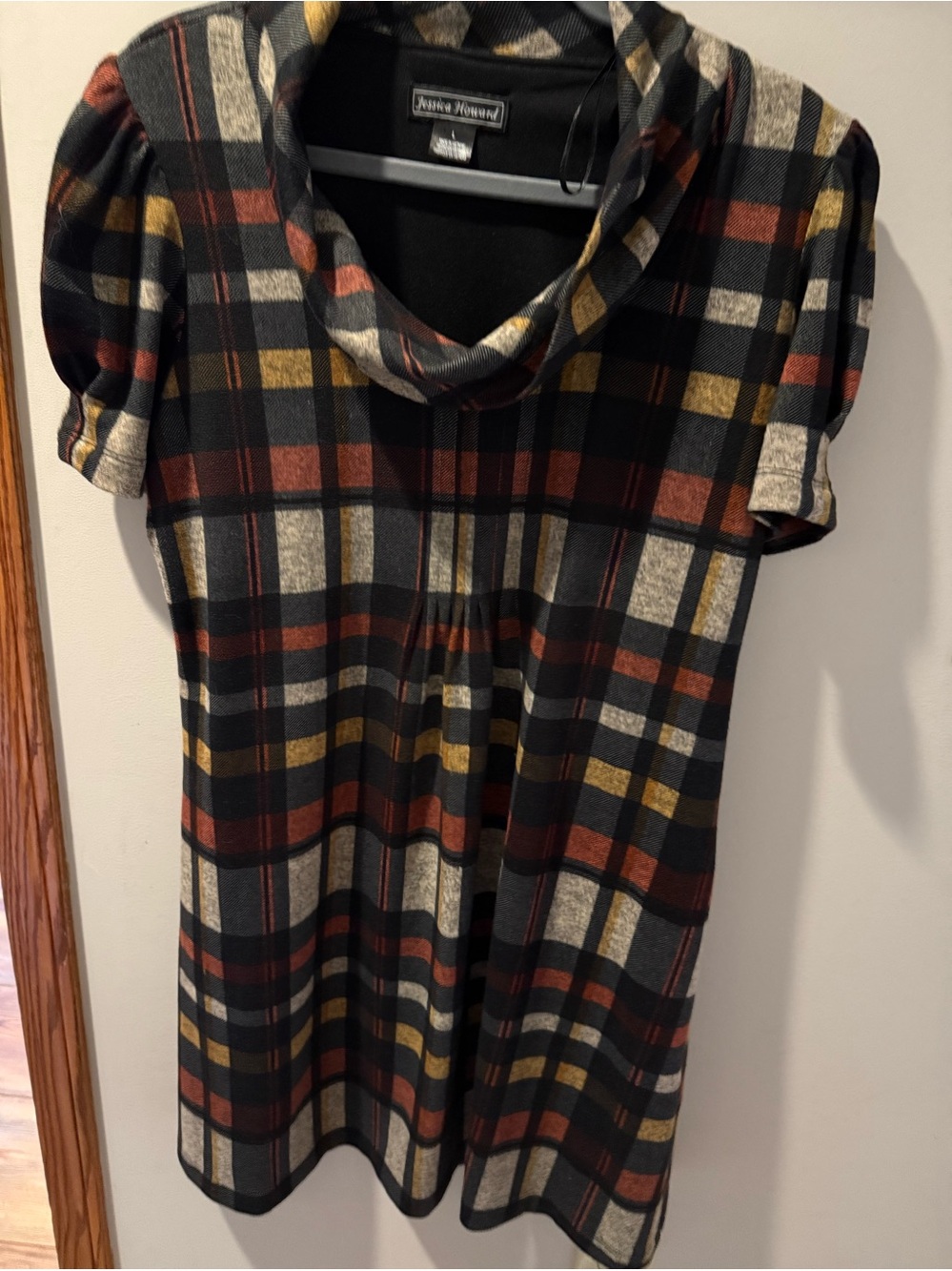 Jessica Howard Black Plaid Midi Dress with Rust and Mustard Accents